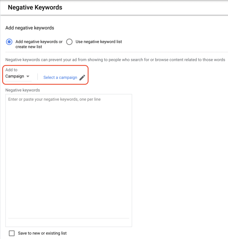 add negative keyword list in google campaign