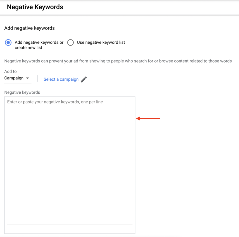 add negative keyword list in google adwords