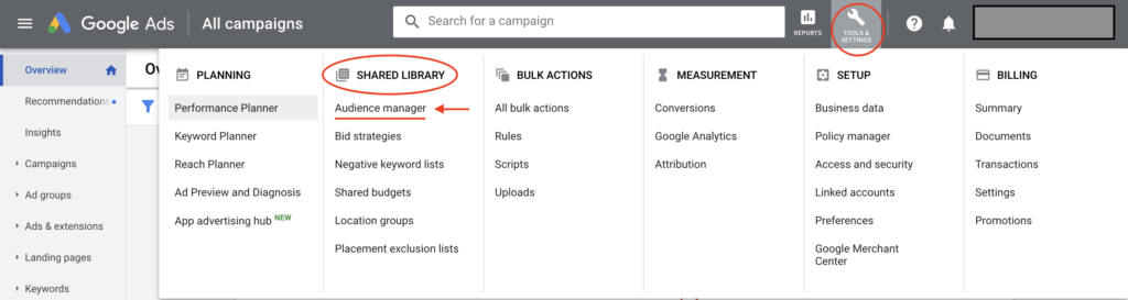 audience manager menu in google ads