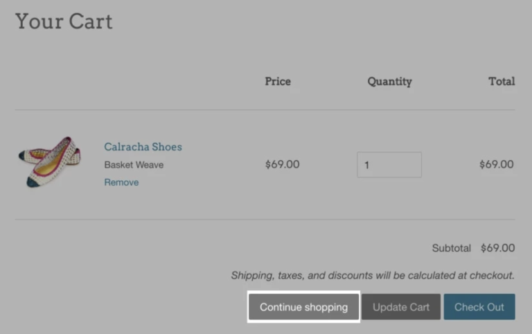 continue shopping call to action on checkout page