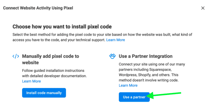 choose how you want to install the facebook pixel