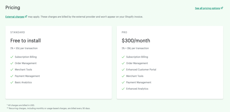 recharge subscriptions pricing plan on the shopify app store