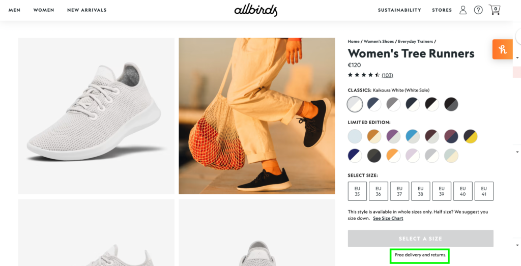 allbirds' product page free delivery and returns