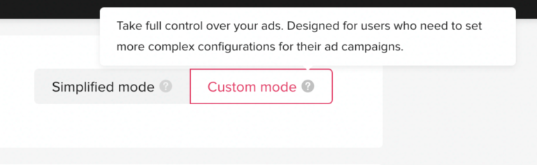 Custom mode TikTok campaign settings