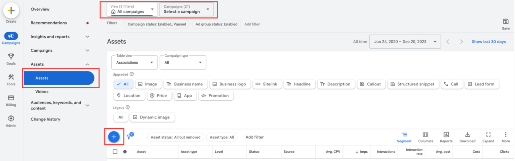 google ads additional assets exsisting campaign