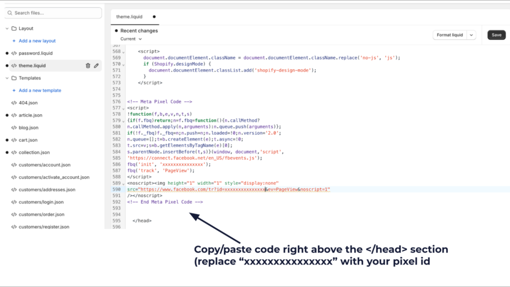 facebook pixel code in shopify theme