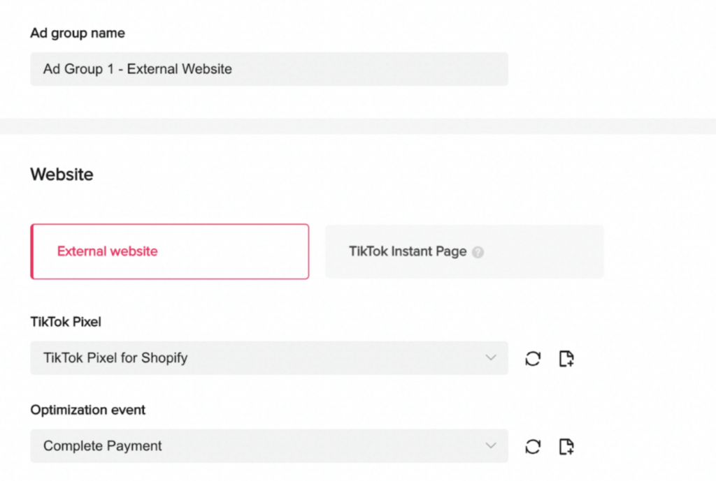 External website conversions tiktok settings