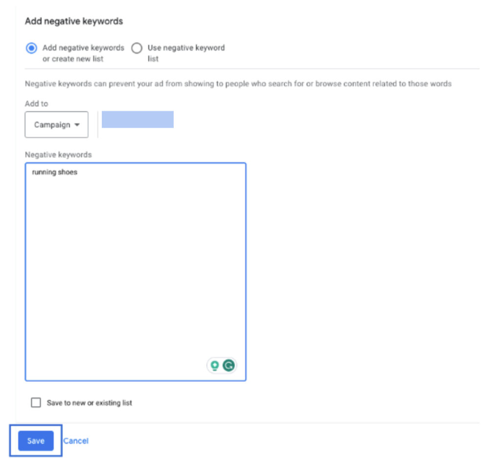 add negative keywords in google ads step 8
