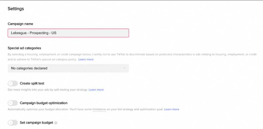 Additional details TikTok campaign settings