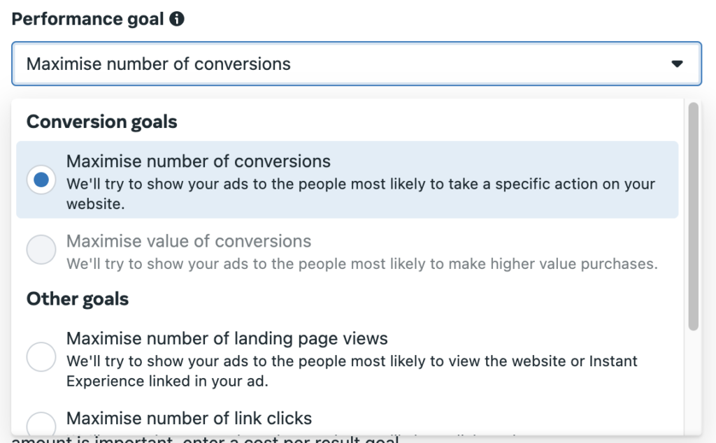 performance goal for facebook ads