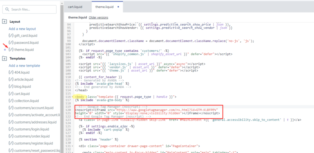 google tag manager code in shopify theme