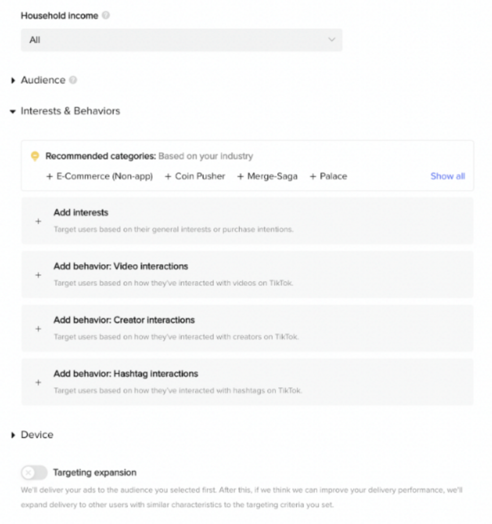 interest targeting fot tiktok dashboard