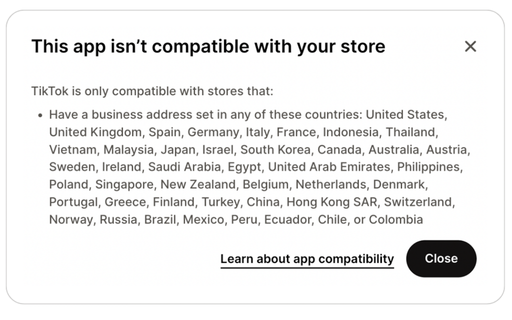 tiktok app is not compatible with your shopify store note