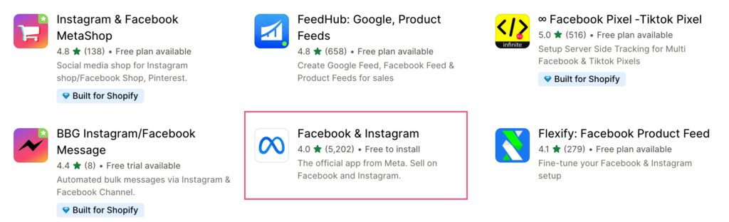 facebook and instagram shopify app store