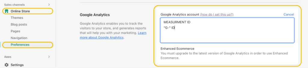 google analytics account in shopify dashboard