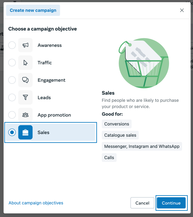 select sales as you campaign objective