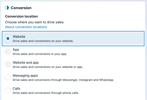 select website as conversion location