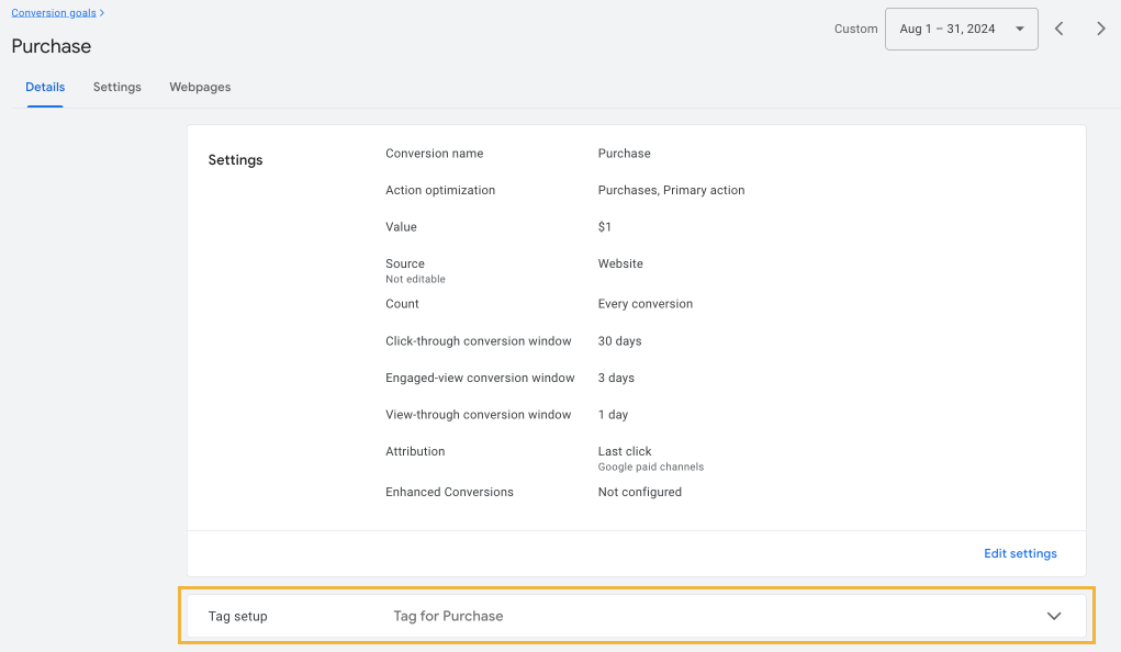 Purchase event tag setup