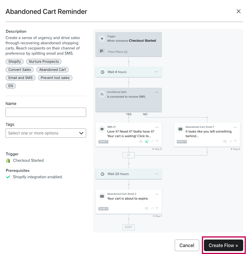 abandoned cart flow settings