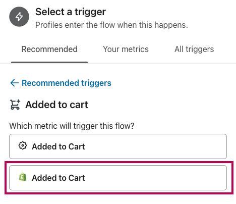 select added to cart shopify trigger