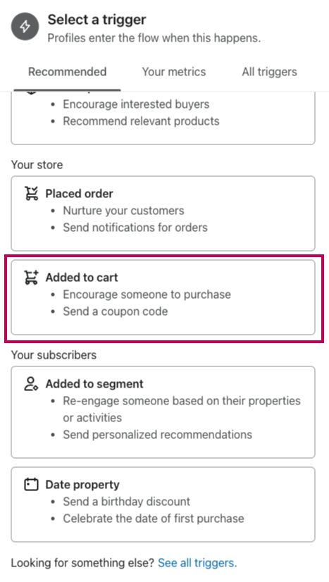 added to cart trigger in klaviyo
