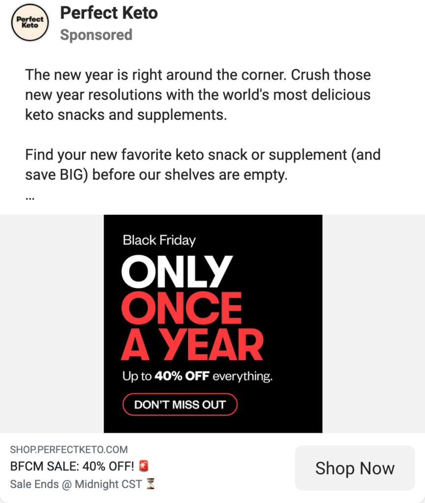 bfcm perfect keto facebook ad example