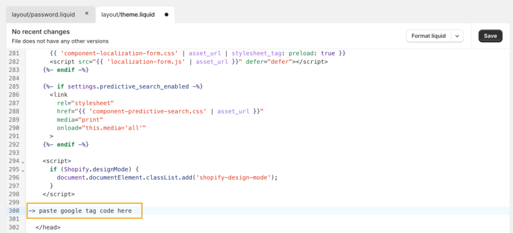 paste google tag code into shopify theme