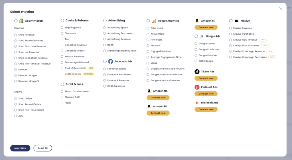 select metrics in shopify reporting app