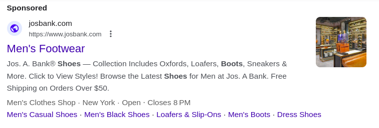 Google search ad displays details about the business.