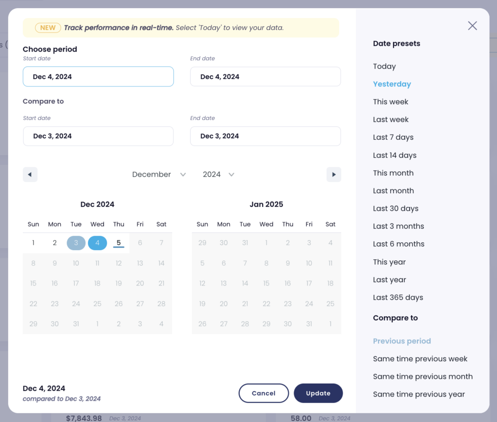 select time period in shopify reporting app