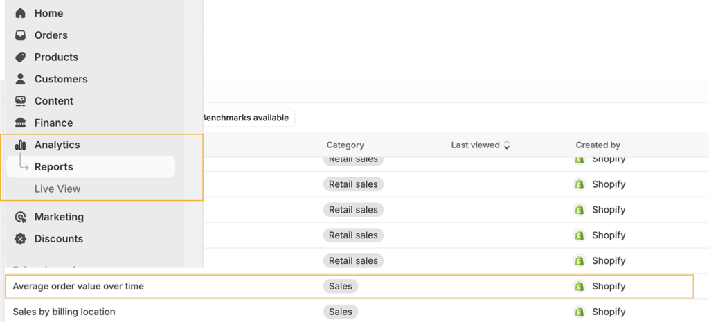 average order value report in Shopify dashboard