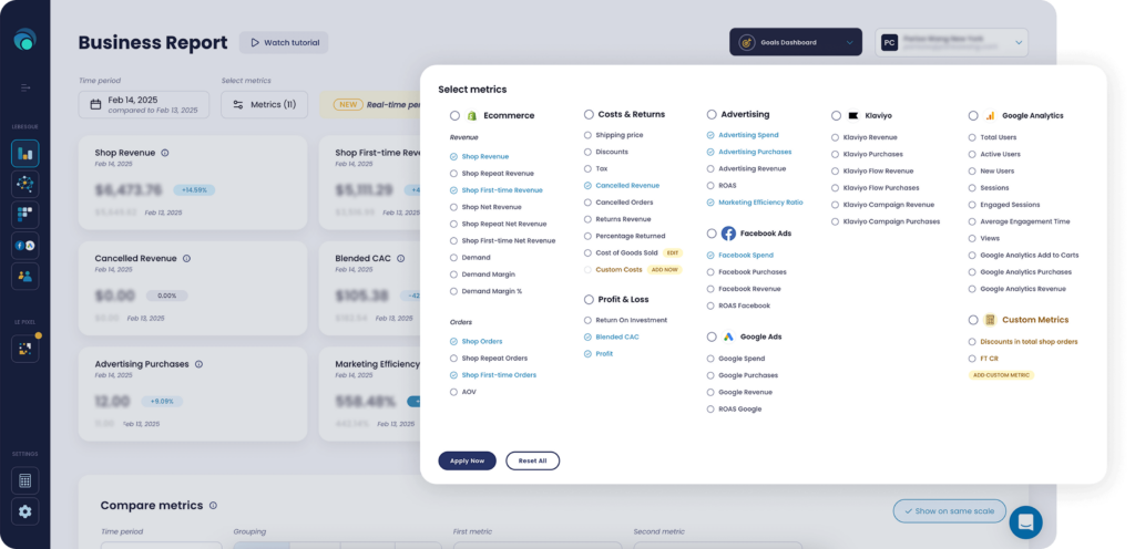 All-in-one dashboard in Lebesgue with customizable metrics tailored to your business needs.