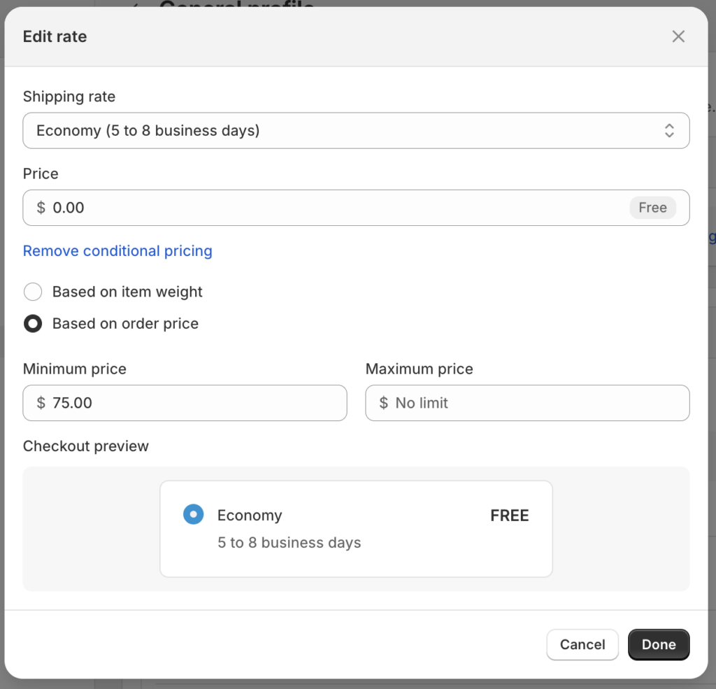 free shipping rate setup in shopify dashboard