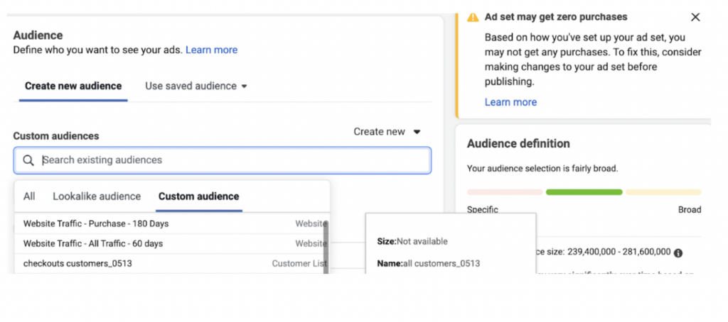 meta dashboard for creating custom audience for carousel retargeting ads