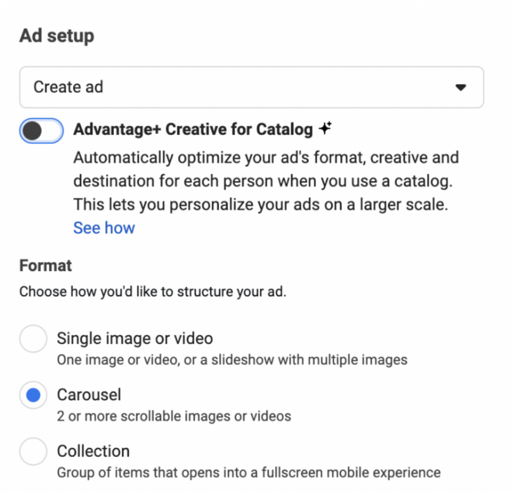 meta dashboard for creating retargeting carousel ads