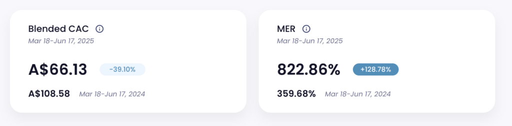 Year-over-year comparison of Blended CAC and MER metrics in Lebesgue: AI CMO, showing a 39.10% decrease in CAC and a 128.78% increase in MER from 2024 to 2025.