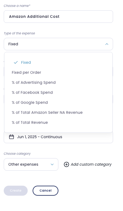 custom costs feature screenshot