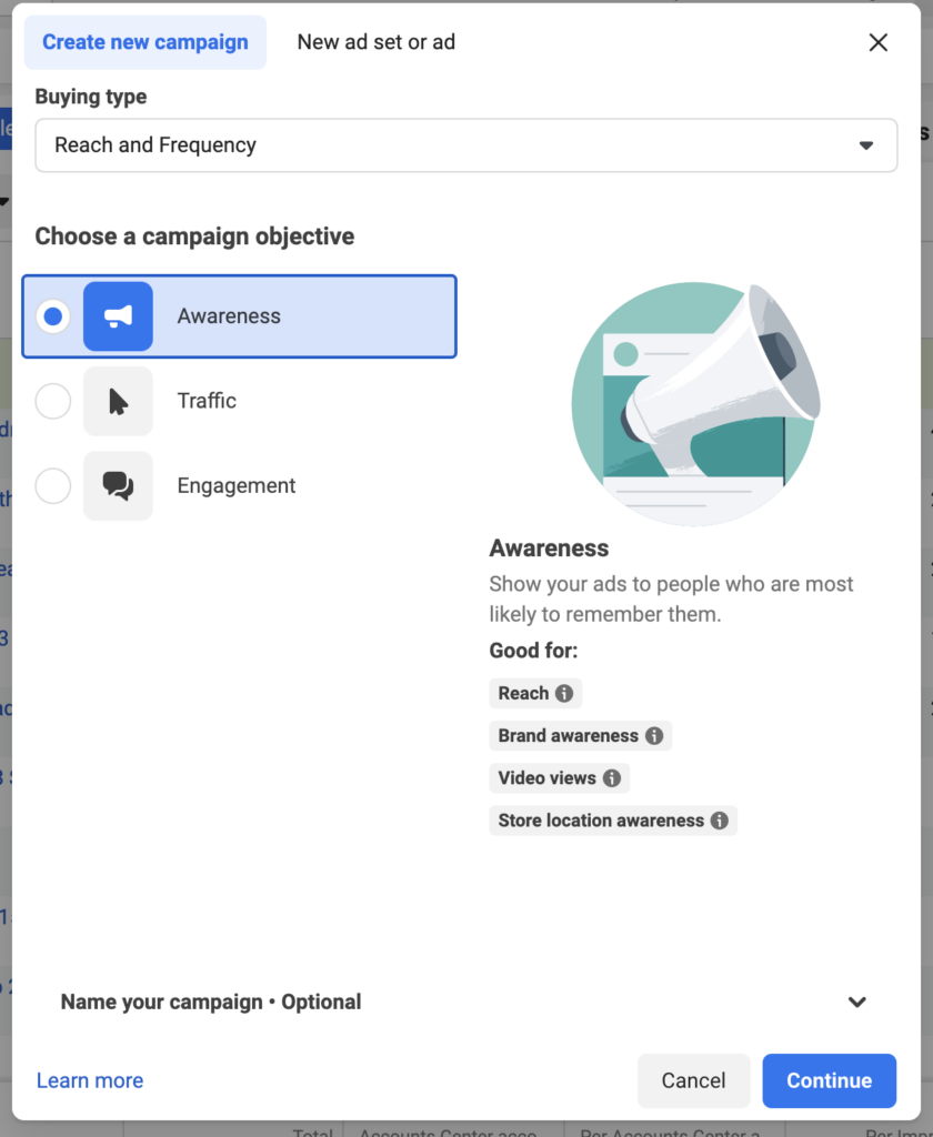 awareness campaign objective for reach and frequency buying type on meta ads