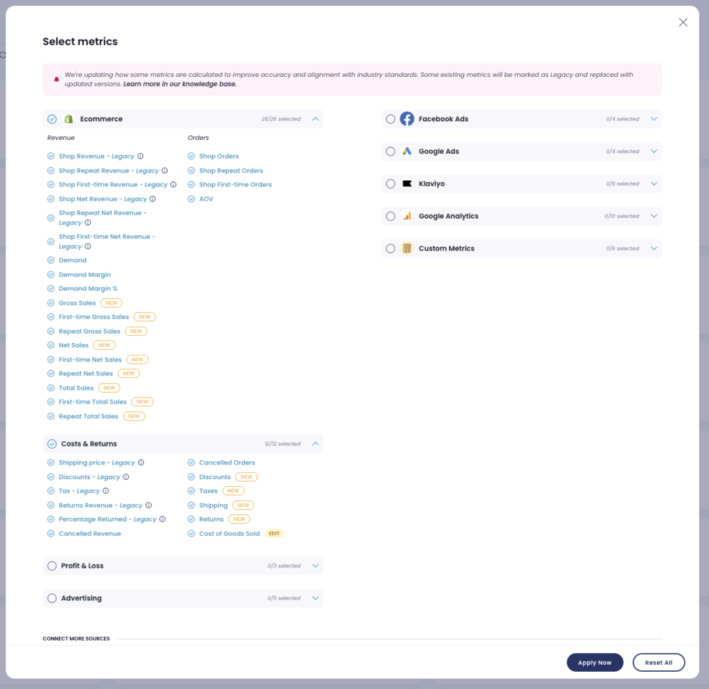 new shopify aligned and legacy metrics side by side in lebesgue business dashboar