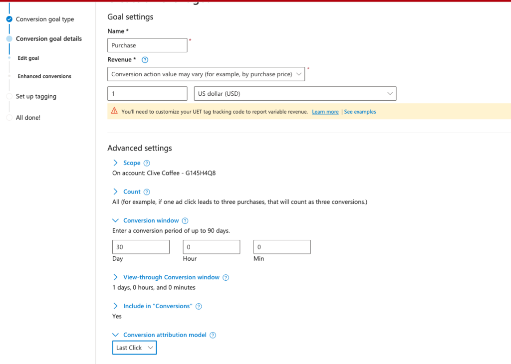microsoft goal settings
