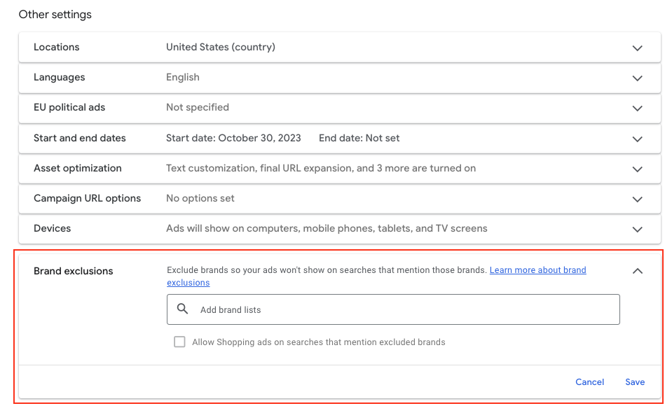 Google Ads Performance Max settings showing where to add brand keyword exclusions