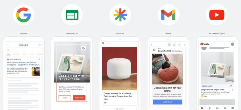 Examples of Performance Max creatives adapted for Google Search, Display, Discover, Gmail, and YouTube ads.