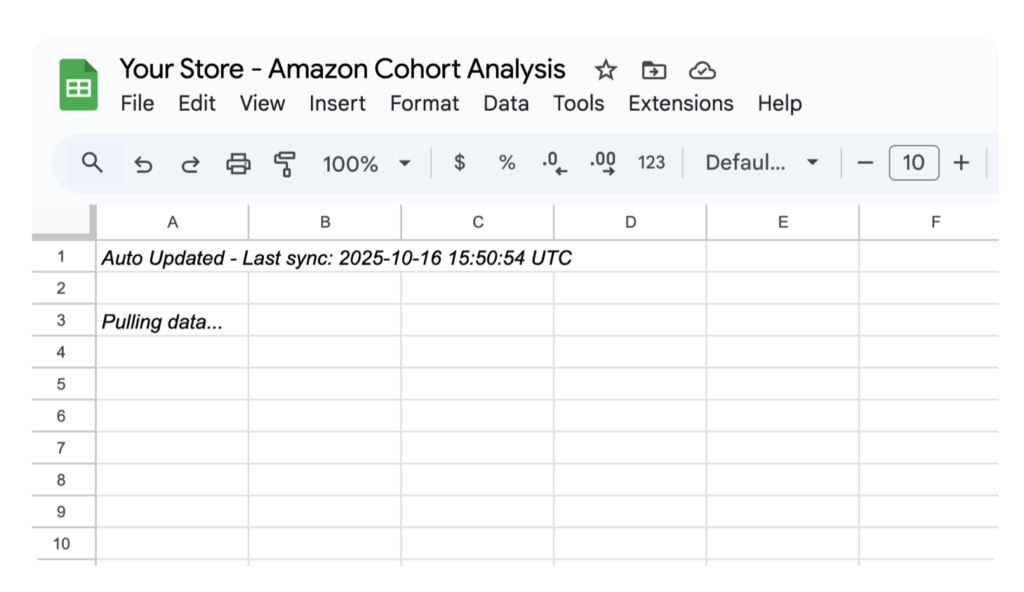 Image showing a google sheet that is automatically updated with amazon data for your Amazon seller account.