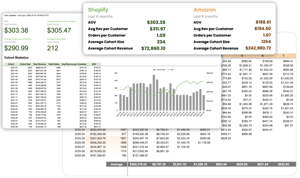 Image showing different cohort tables, charts and stats for Amazon LTV analysis.