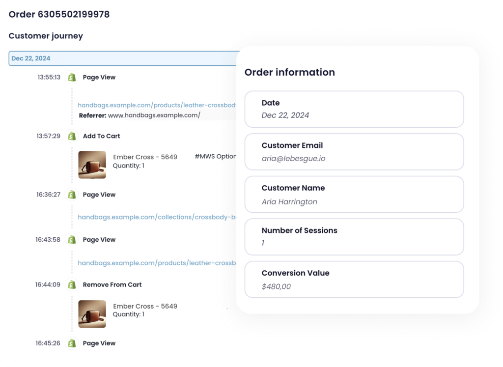 Screenshot of Le Pixel by Lebesgue showing a detailed customer journey view and order information, including touchpoints like page views, add to cart, and conversion value for first-party attribution tracking.