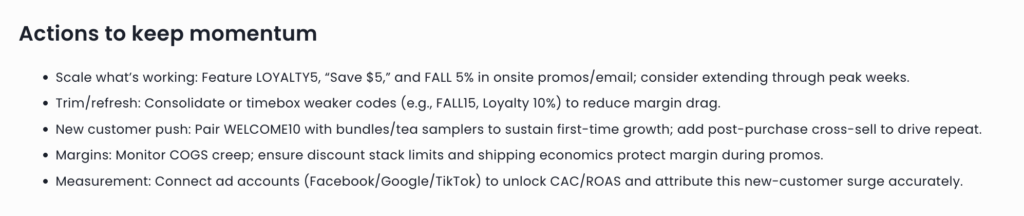 Screenshot of Henri AI recommendations section titled ‘Actions to keep momentum,’ listing next steps for scaling promotions, optimizing margins, and tracking performance.