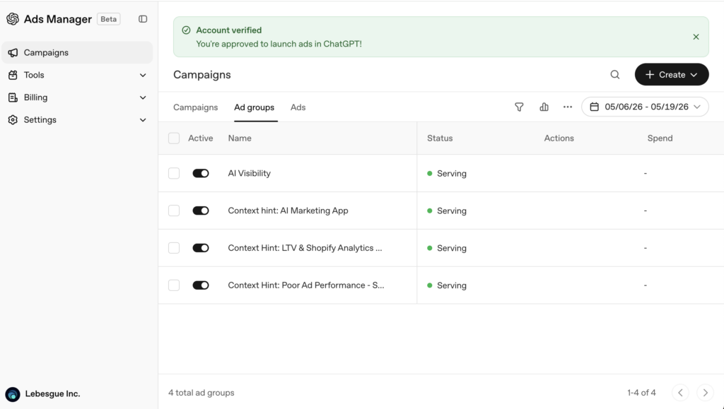 ChatGPT Ads Manager showing multiple active ad groups organized by Shopify advertising angles.