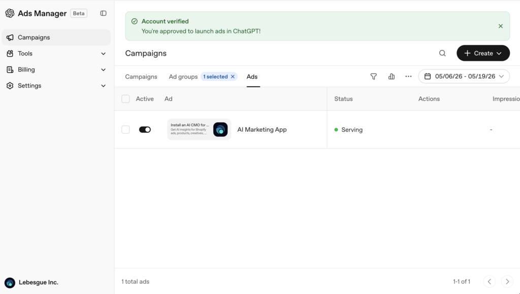 ChatGPT Ads Manager dashboard showing a verified account and an active campaign.