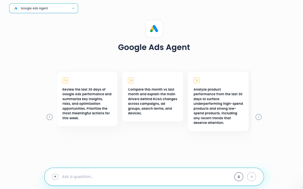 Google Ads Agent chat interface in Lebesgue with suggested prompts for performance analysis.