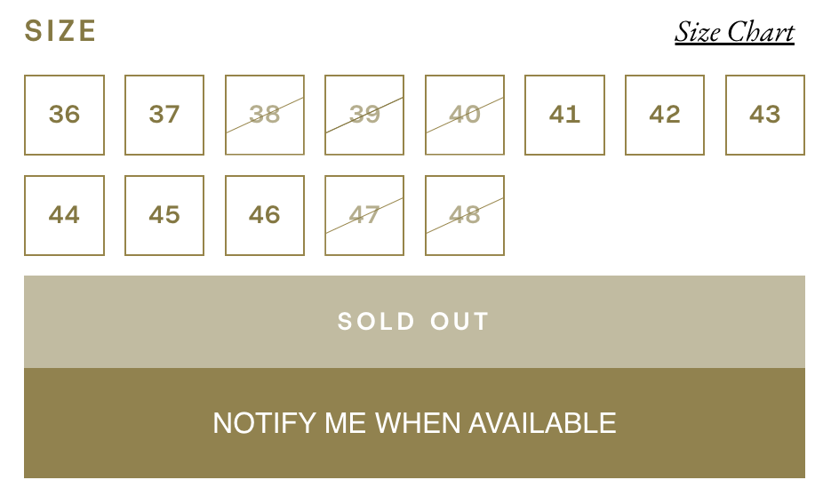 Out-of-stock product variant with a Klaviyo Notify Me When Available button